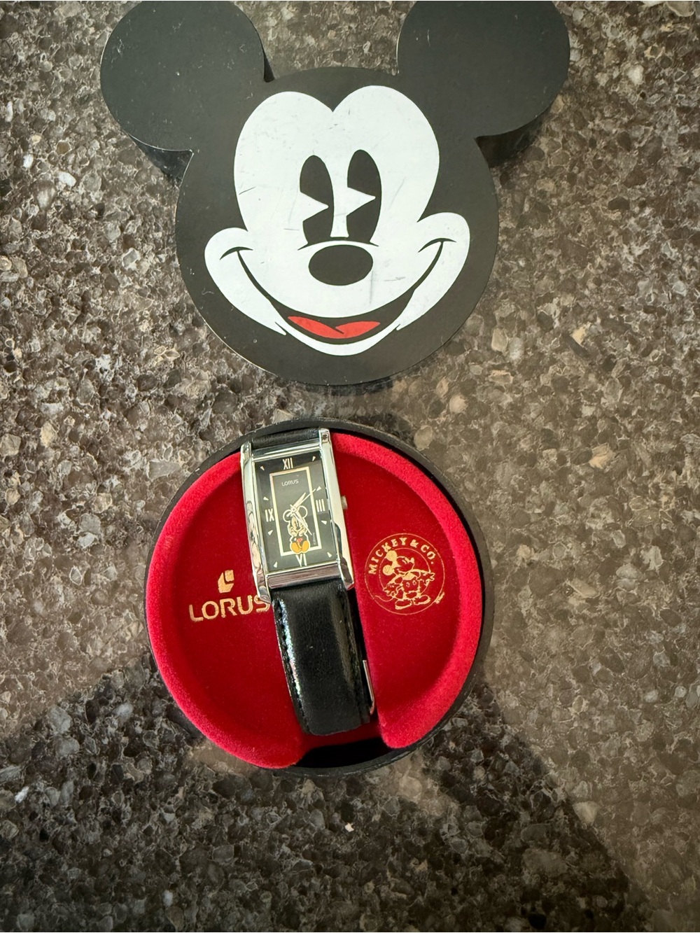 Black Leather Mickey Mouse Rectangular Dress Watch